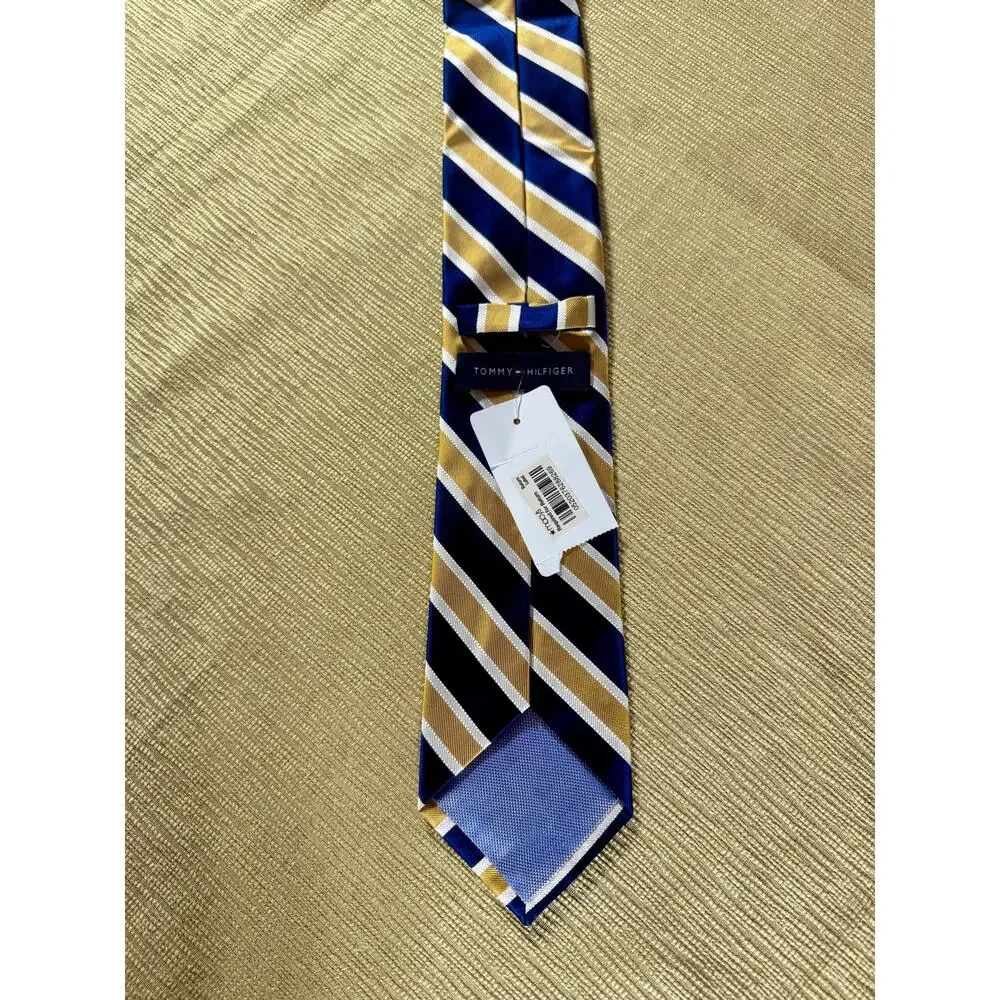 Tommy Hilfiger Men’s Tie NWT Navy Gold White Striped Necktie 57” Classic